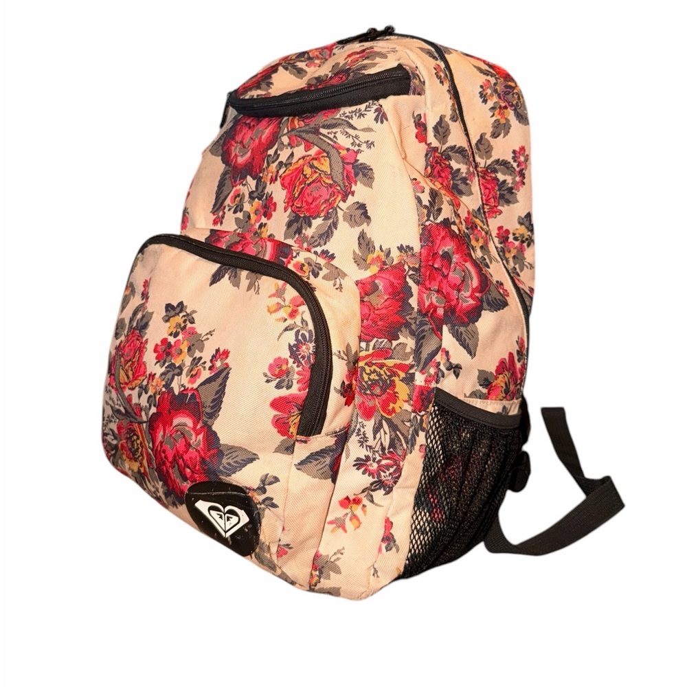 Vintage Floral Pattern Roxy Large Canvas Backpack (W/ rip in left mesh netting) - Picture 2 of 9